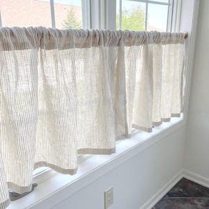 Taupe  brown warm cream ivory ticking stripe ,  linen cafe curtains , kitchen curtain, sheer  decor