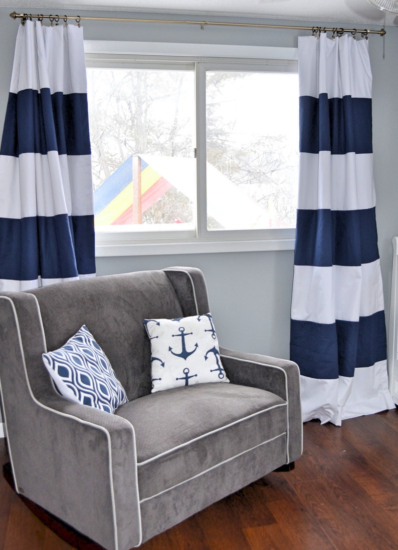 Custom Navy Blue Striped Curtains Stripes Color Blocked Nautical Nursery Window Treatments