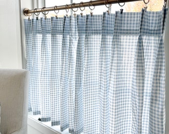 Pleated gingham plaid print Cafe Curtains, Tier Curtains, Kitchen Curtains, Bathroom Curtains , Window Treatments, Farmhouse