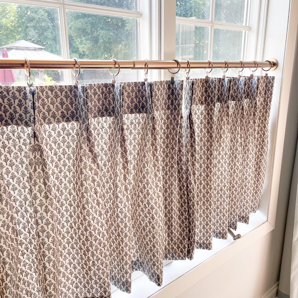 This fresh black block print on brown back ground. Perfect neutral pallet Pleated cafe curtain summer.