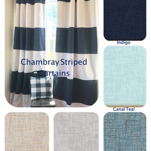 1 Pair of Chambray and White Striped Curtains, Window Treatments, Stripes, Color Blocked, Nautical , Nursery Curtains, Denim Curtains image 1