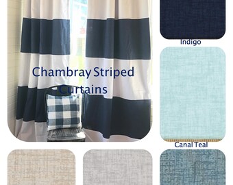 1 Pair of Chambray and White Striped Curtains, Window Treatments, Stripes, Color Blocked, Nautical , Nursery Curtains, Denim Curtains