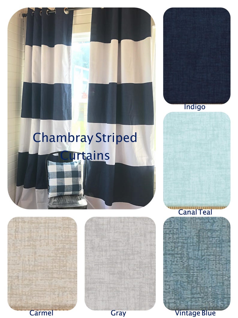 1 Pair of Chambray and White Striped Curtains, Window Treatments, Stripes, Color Blocked, Nautical , Nursery Curtains, Denim Curtains image 1