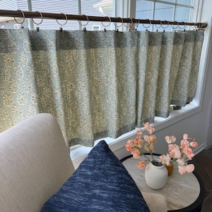 Blue teal and green  block print Cafe Curtains , Tier Curtains, Kitchen Curtains, Bathroom Curtains , Window Treatments, kitchen curtain