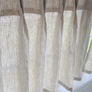 This fresh linen has a lightweight weave with an airy drape and fine slub texture. Vertical striped Pleated cafe curtain summer airy feel image 2