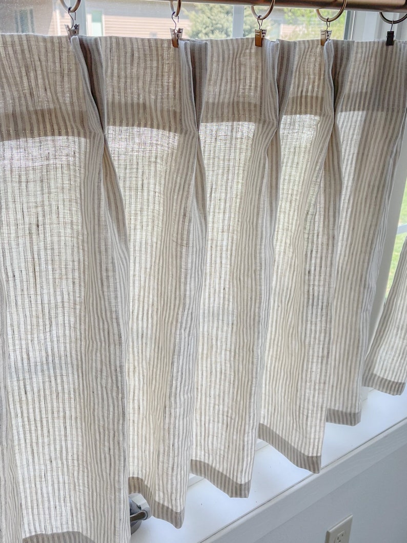 This fresh linen has a lightweight weave with an airy drape and fine slub texture. Vertical striped Pleated cafe curtain summer airy feel zdjęcie 2