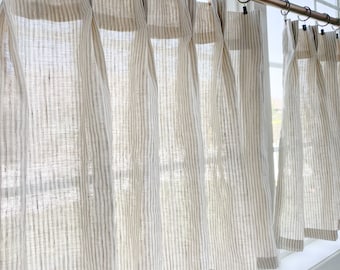 This fresh linen has a lightweight weave with an airy drape and fine slub texture. Vertical striped Pleated cafe curtain summer airy feel