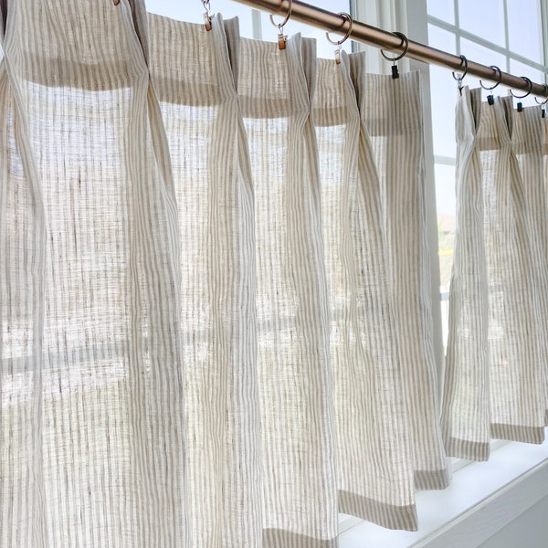 This fresh linen has a lightweight weave with an airy drape and fine slub texture. Vertical striped Pleated cafe curtain summer airy feel