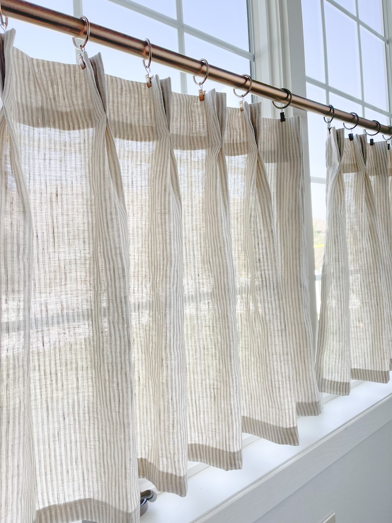 This fresh linen has a lightweight weave with an airy drape and fine slub texture. Vertical striped Pleated cafe curtain summer airy feel image 1