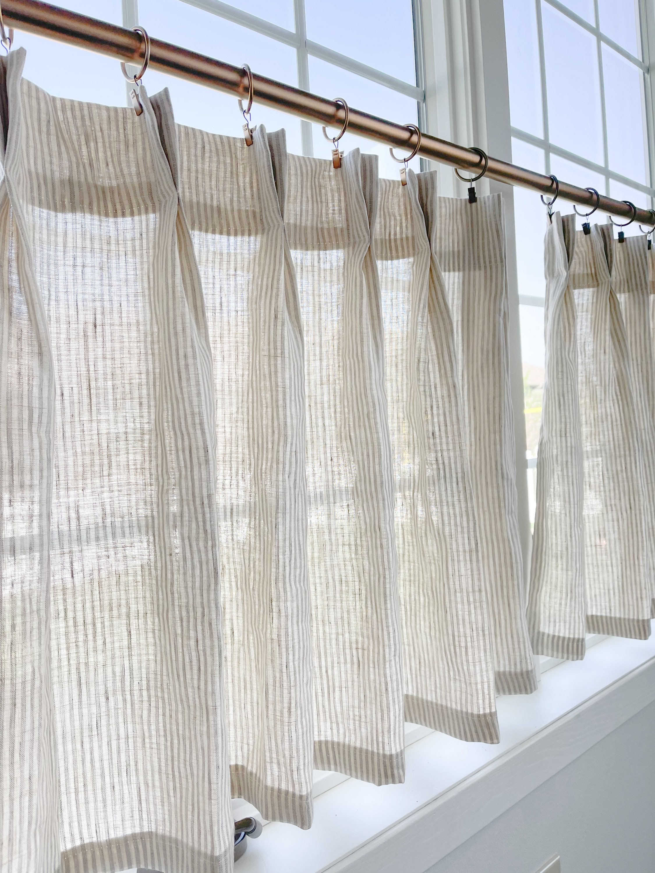 This fresh linen has a lightweight weave with an airy drape and fine slub texture. Vertical striped Pleated cafe curtain summer airy feel