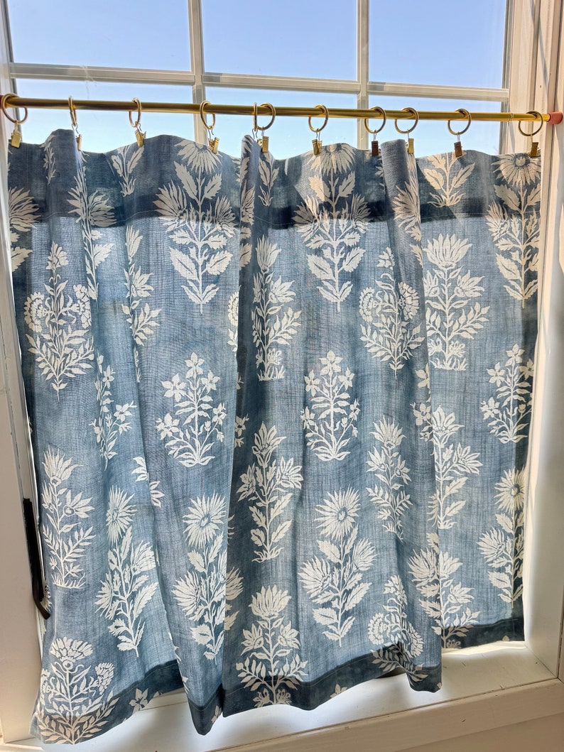 Blue vintage floral , linen cafe curtains , kitchen curtains, bathroom decor, image 4