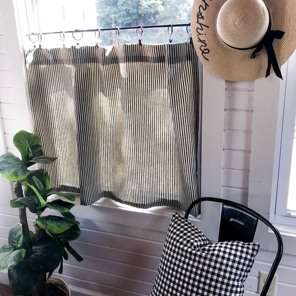 Cream Ticking Striped Cafe Curtain, Farmhouse Decor, Kitchen Curtains, Farmhouse Style, Bathroom Curtains