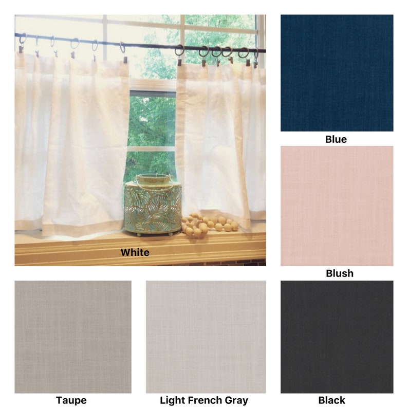 May include: A collage of fabric swatches in various colors, including white, blue, blush, taupe, light French gray, and black. The swatches are arranged in a grid pattern with the color name printed below each swatch.