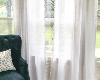 White sheer, Pom Pom Decor, Tassel Curtain, Sheers , Pom Pom Decor, Nursery Decor, Little Girls Bedroom, Curtains, Drapes, boho decor