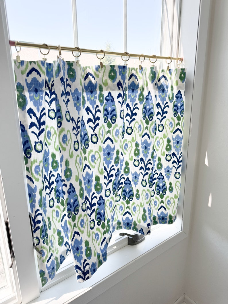 Beautiful blue and green ikat modern Cafe Curtain perfect for your kitchen , bathroom, farmhouse, window treatments image 1