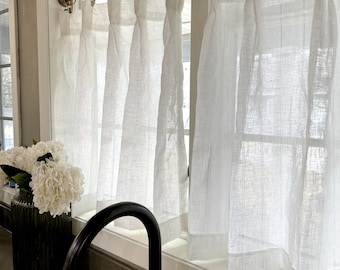 This fresh white linen has a lightweight sheer weave with an airy drape embroidered stripe Pleated cafe curtain summer airy feel