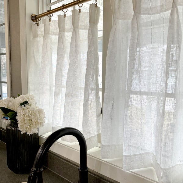 This fresh white linen has a lightweight sheer weave with an airy drape embroidered stripe Pleated cafe curtain summer airy feel