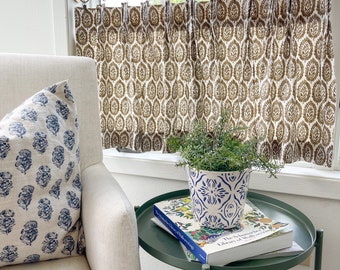 Pleated  Lynn block print Cafe Curtain , Tier Curtains, Kitchen Curtains, Bathroom Curtains , Window Treatments, Farmhouse