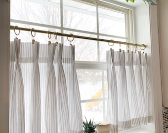 Pleated ticking striped Cafe Curtain , Tier Curtain, Kitchen Curtains, Bathroom Curtains , Window Treatments, Farmhouse