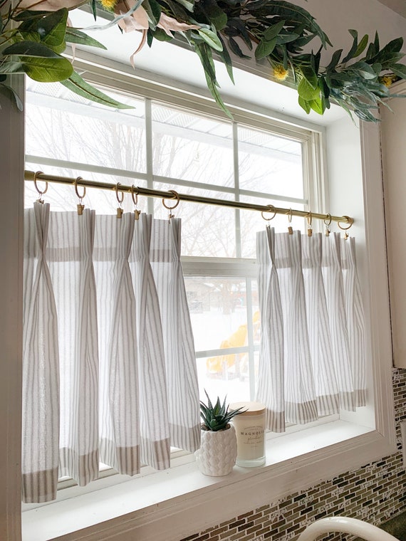 Pleated Ticking Striped Cafe Curtain , Tier Curtain, Kitchen Curtains,  Bathroom Curtains , Window Treatments, Farmhouse 