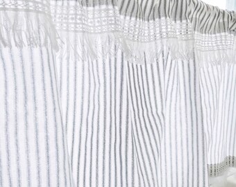 Ticking Stripe Cafe Curtains with White Boho Trim