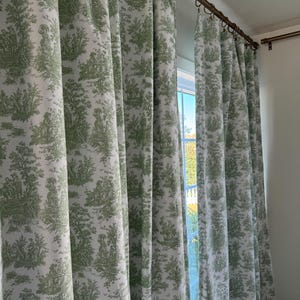1 pair of Toile Print Curtains Collection, Vintage style  Curtains, Window Treatments, green, sage Green Curtains, Jamestown  print ,