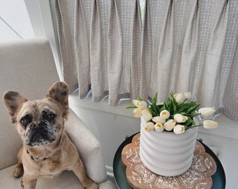 Pleated brown with white houndstooth Cafe Curtain , Tier Curtain, Kitchen Curtains, Bathroom Curtains , Window Treatments, Farmhouse