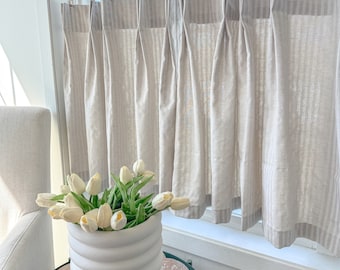 Pleated brown with white  striped Cafe Curtain , Tier Curtain, Kitchen Curtains, Bathroom Curtains , Window Treatments, Farmhouse