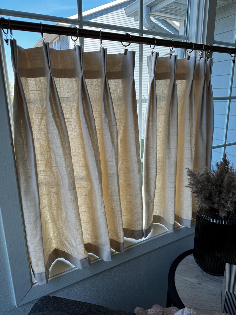 Pleated Solid Cotton Linen (LOOK) Texture Cafe Curtains , Tier Curtains, Kitchen Curtains, Bathroom Curtains , Window Treatments, Farmhouse image 5