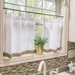 New white cafe curtain with burlap trimming, Curtains, Tassel , Farmhouse Decor, Pom Pom Curtains, teir curtain