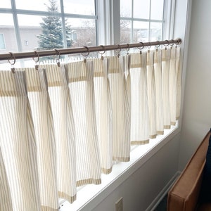 Pleated cream and brown ticking striped Cafe Curtain , Tier Curtains, Kitchen Curtains, Bathroom Curtains , Window Treatments, Farmhouse image 1