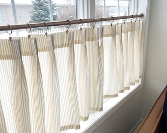 Pleated cream and brown ticking striped Cafe Curtain , Tier Curtains, Kitchen Curtains, Bathroom Curtains , Window Treatments, Farmhouse