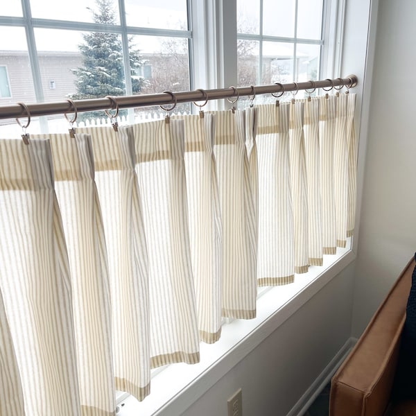 Pleated cream and brown ticking striped Cafe Curtain , Tier Curtains, Kitchen Curtains, Bathroom Curtains , Window Treatments, Farmhouse