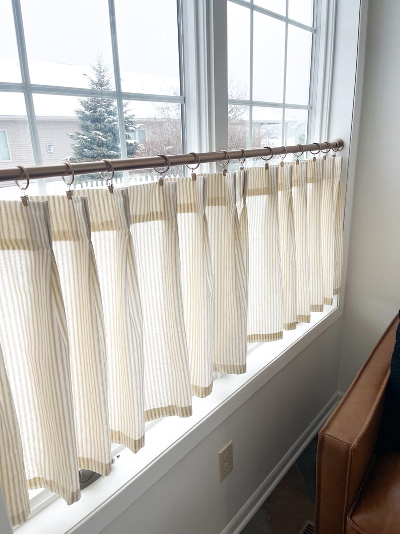 Pleated cream and brown ticking striped Cafe Curtain , Tier Curtains, Kitchen Curtains, Bathroom Curtains , Window Treatments, Farmhouse image 1