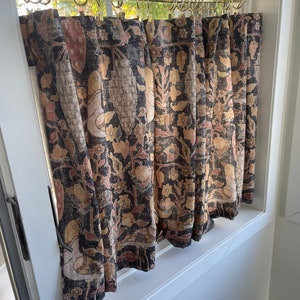 Kalida Fabric warm, earthy tones including faded black, rusty rose ,botanical print of floral branches and birds,  cafe curtains , kitchen
