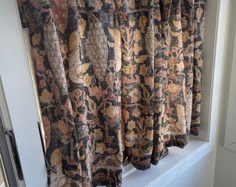 Kalida Fabric warm, earthy tones including faded black, rusty rose ,botanical print of floral branches and birds,  cafe curtains , kitchen