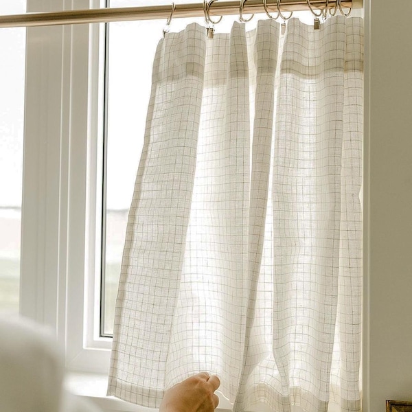 Linen window pane plaid cafe curtains cream and brown plaid.   Window Treatments-Curtains , modern curtains, bathroom kitchen curtain