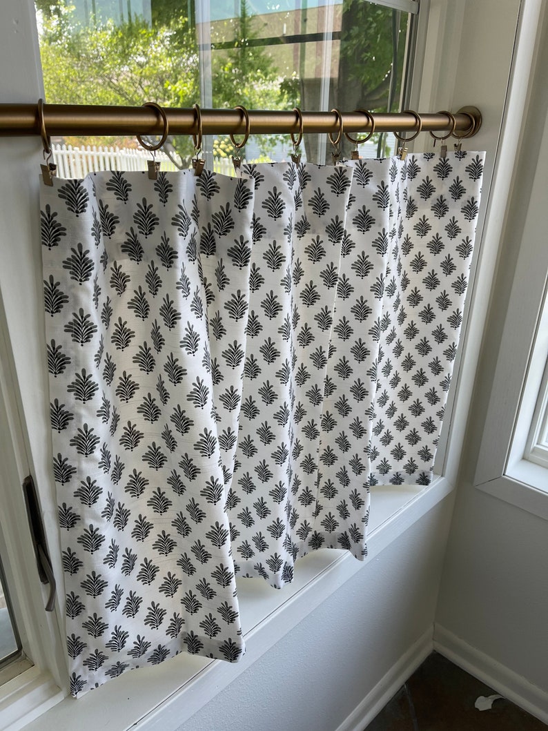 Dyann Block print cafe curtain , Tier Curtains, Kitchen Curtains, Bathroom Curtains , Window Treatments, Farmhouse Style, foral home image 3