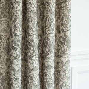1 pair of Beautiful soft-grey block print style pattern centers on an earthy motif of swirling vines, dense with flowers and leaves, drapery