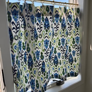 Beautiful blue and green ikat modern Cafe Curtain perfect for your kitchen , bathroom, farmhouse, window treatments image 2