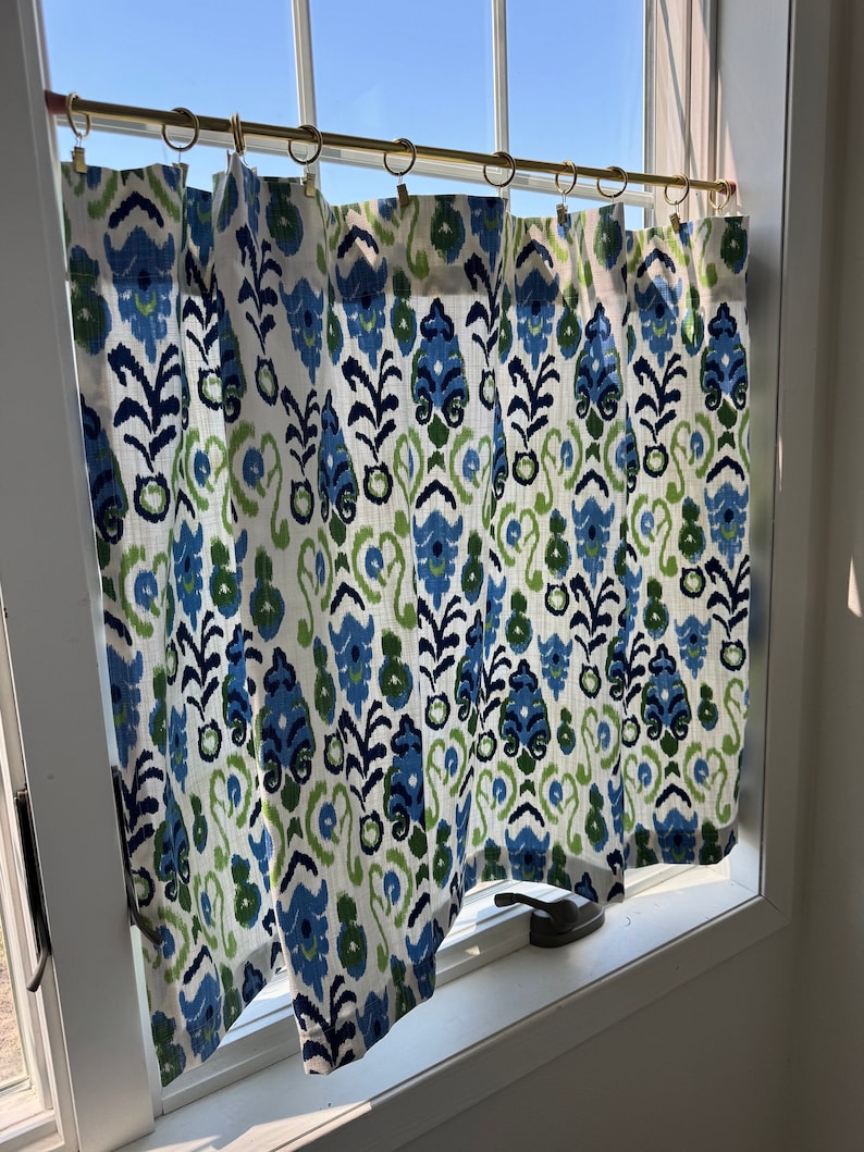 Beautiful blue and green ikat modern Cafe Curtain perfect for your kitchen , bathroom, farmhouse, window treatments image 2