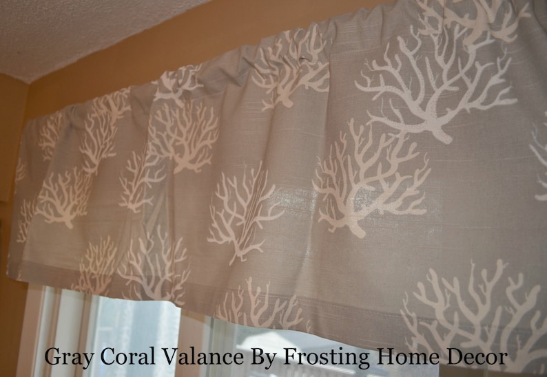 May include: Gray valance with a white coral pattern. The fabric is a light gray color. The text at the bottom of the image reads "Gray Coral Valance By Frosting Home Decor."