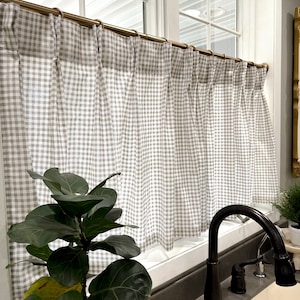 Pleated gingham plaid print Cafe Curtains, Tier Curtains, Kitchen Curtains, Bathroom Curtains , Window Treatments, Farmhouse