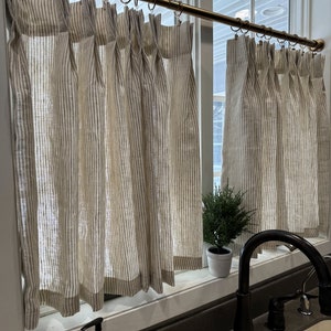 This fresh linen has a lightweight weave with an airy drape and fine slub texture. Vertical striped Pleated cafe curtain summer airy feel image 4