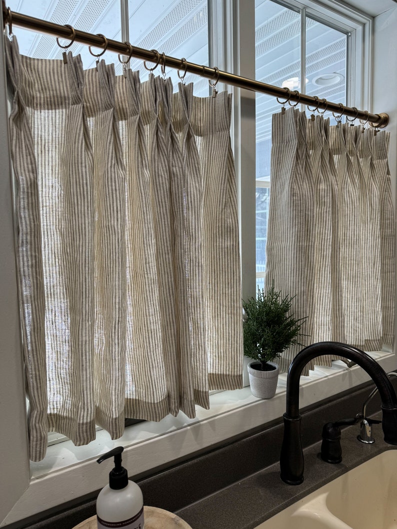 This fresh linen has a lightweight weave with an airy drape and fine slub texture. Vertical striped Pleated cafe curtain summer airy feel image 4