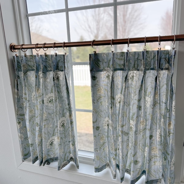 Blue, and white floral block print linen  Lacefield pleated cafe curtain beautiful window treatments  for kitchens, bathroom