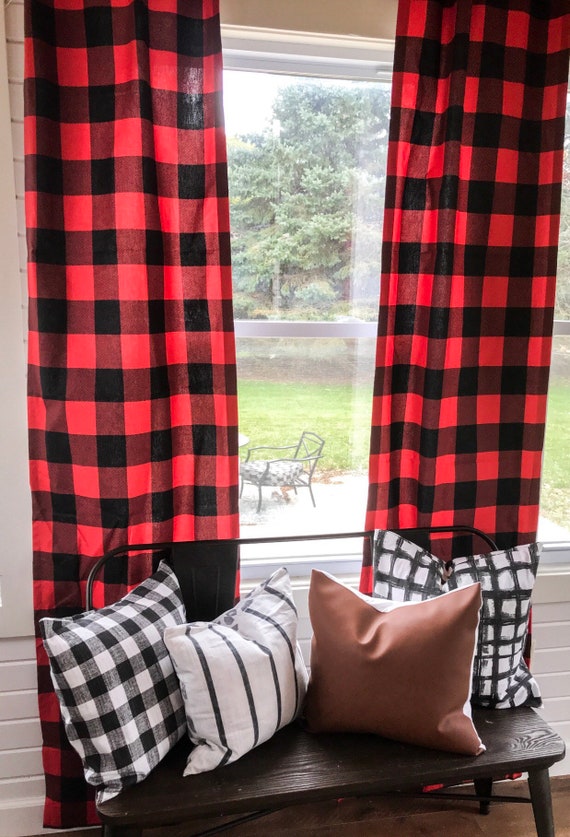 1 Pair Red Blue And Gray And Black Buffalo Plaid Curtains Etsy