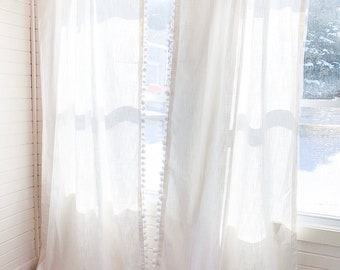 White Cotton Linen Curtains with Cream Pom Trim - Sold in Pairs