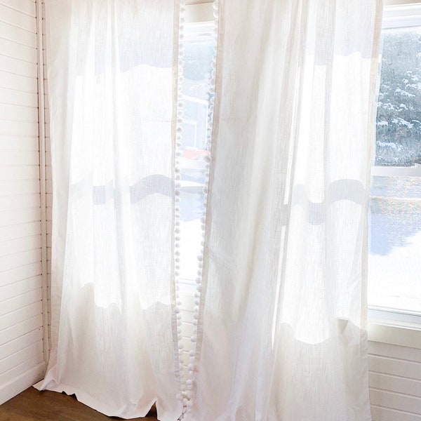 White Cotton linen Curtains with Cream or White Pom Trimming , Drapes , Bedroom Curtains, Nursery Decor, Boho decor, mid-century modern.