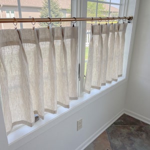 This fresh linen has a lightweight weave with an airy drape and fine slub texture. Vertical striped Pleated cafe curtain summer airy feel image 3